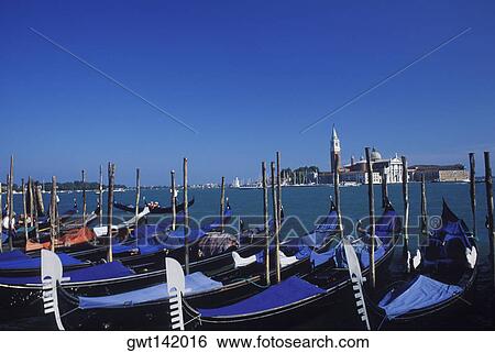 High angle view of gondolas moored at a dock, Italy View Large Photo Image Stock Photograph - High angle view of gondolas moored at a dock, Italy. Fotosearch