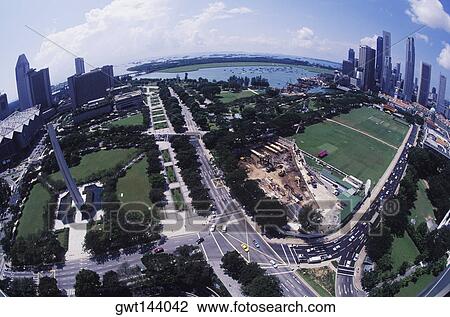 Stock Image - Aerial view of buildings in a city, Singapore. Fotosearch