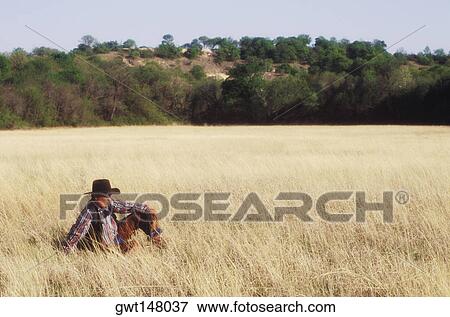 Cowboy sitting on a field, Texas, USA View Large Photo Image Stock Photo - Cowboy sitting on a field, Texas, USA. Fotosearch