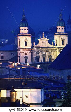 Cathedral lit up at dusk, Kollegienkirche, Salzburg, Austria View Large Photo Image Stock Photo - Cathedral lit up at dusk, Kollegienkirche, Salzburg, Austria. Fotosearch