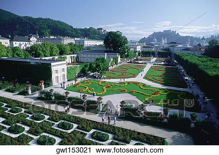 Stock Image - High angle view of a palace surrounded by a garden, Mirabell Palace, Salzburg, Austria. Fotosearch
