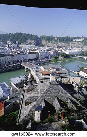 High angle view of a river flowing through a city, Salzach River, Salzburg, Austria View Large Photo Image Picture - High angle view of a river flowing through a city, Salzach River, Salzburg, Austria. Fotosearch