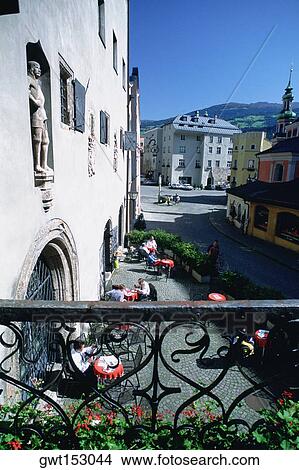 High angle view of a sidewalk cafe, Hall, Austria View Large Photo Image Picture - High angle view of a sidewalk cafe, Hall, Austria. Fotosearch