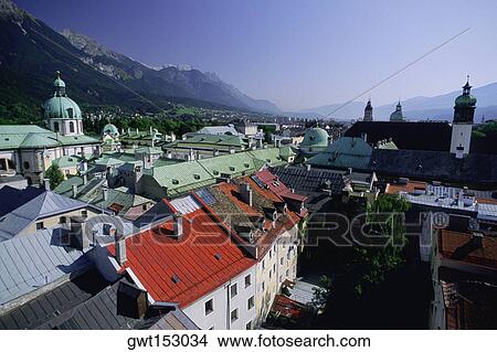 Picture - High angle view of buildings in a city, Innsbruck, Austria. Fotosearch