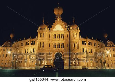 Picture - Bullring lit up at night, Lisbon, Portugal. Fotosearch