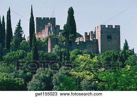 Stock Image - Castle behind trees, Crusader Castle, Tomar, Portugal. Fotosearch