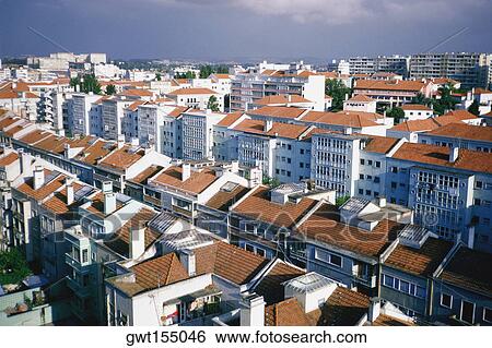 Stock Photograph - High angle view of a cityscape, Lisbon, Portugal. Fotosearch
