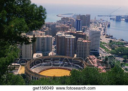 High angle view of a bullring in the city, Malaga, Andalusia, Spain View Large Photo Image Stock Photo - High angle view of a bullring in the city, Malaga, Andalusia, Spain. Fotosearch