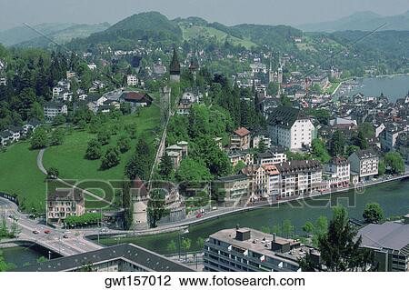 Aerial view of a city, Lucerne, Switzerland View Large Photo Image Stock Image - Aerial view of a city, Lucerne, Switzerland. Fotosearch