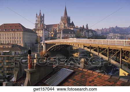 Picture - Arch bridge in a city, Lausanne, Vaud, Switzerland. Fotosearch