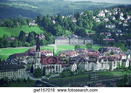 High angle view of a cityscape, St. Gallen Canton, Switzerland View Large Photo Image Stock Photograph - High angle view of a cityscape, St. Gallen Canton, Switzerland. Fotosearch