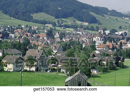 High angle view of houses in a village, Switzerland View Large Photo Image Stock Image - High angle view of houses in a village, Switzerland. Fotosearch