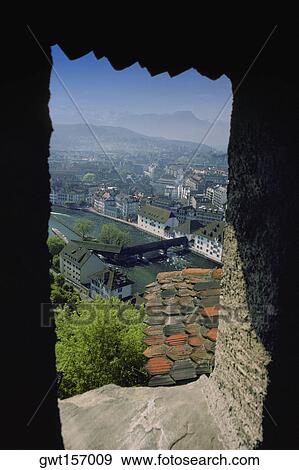 View of a mountain from the window of a castle, Lucerne, Switzerland View Large Photo Image Stock Photo - View of a mountain from the window of a castle, Lucerne, Switzerland. Fotosearch
