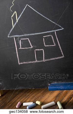 Close-up of a drawing of a house on a blackboard View Large Photo Image Stock Photo - Close-up of a drawing of a house on a blackboard. Fotosearch