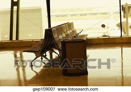 Stock Photo - Close-up of seats at an airport, Madrid, Spain. Fotosearch