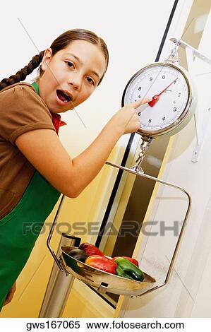 Stock Photography - Portrait of a girl pointing at a weight scale and looking surprised. Fotosearch