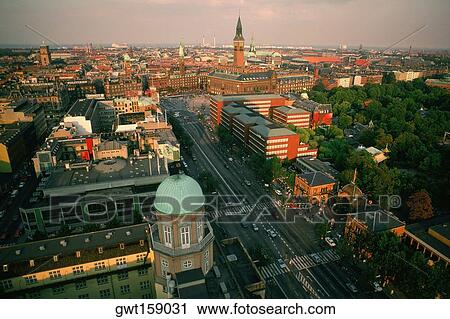 Stock Image - High angle view of a city, Copenhagen, Denmark. Fotosearch