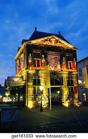 Building lit up at night, Cheese Weigh Station, Gouda, Netherlands View Large Photo Image Stock Image - Building lit up at night, Cheese Weigh Station, Gouda, Netherlands. Fotosearch