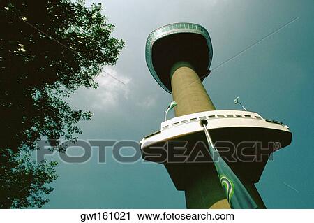Stock Image - Low angle view of a communication tower, Rotterdam, Netherlands. Fotosearch