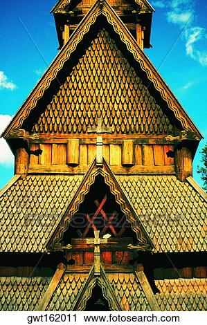 Stock Image - Close-up of the roof of a church, Stave Church, Oslo, Norway. Fotosearch