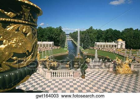 Fountains in the garden of a palace, Peterhof Grand Palace, St. Petersburg, Russia View Large Photo Image Stock Image - Fountains in the garden of a palace, Peterhof Grand Palace, St. Petersburg, Russia. Fotosearch