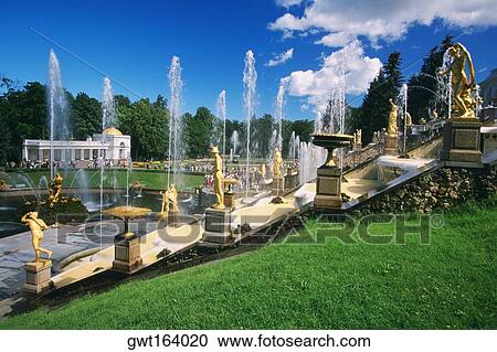 Fountains in the garden of a palace, Peterhof Grand Palace, St. Petersburg, Russia View Large Photo Image Stock Image - Fountains in the garden of a palace, Peterhof Grand Palace, St. Petersburg, Russia. Fotosearch