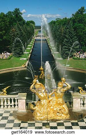 Fountains in the garden of a palace, Peterhof Grand Palace, St. Petersburg, Russia View Large Photo Image Stock Photo - Fountains in the garden of a palace, Peterhof Grand Palace, St. Petersburg, Russia. Fotosearch