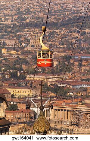 Stock Image - High angle view of an overhead cable car over the city, Tbilisi, Georgia. Fotosearch