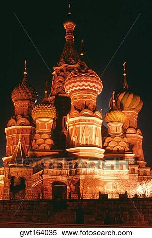 Low angle view of a cathedral lit up at night, St. Basil's Cathedral, Red Square, Moscow, Russia View Large Photo Image Stock Photography - Low angle view of a cathedral lit up at night, St. Basil's Cathedral, Red Square, Moscow, Russia. Fotosearch