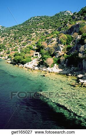 High angle view of a coastline, Sunken City, Kekova, Antalya, Turkey View Large Photo Image Stock Photo - High angle view of a coastline, Sunken City, Kekova, Antalya, Turkey. Fotosearch