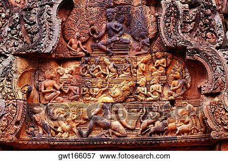 Close-up of carvings on the wall, Banteay Srei, Angkor, Siem Reap, Cambodia View Large Photo Image Stock Photo - Close-up of carvings on the wall, Banteay Srei, Angkor, Siem Reap, Cambodia. Fotosearch