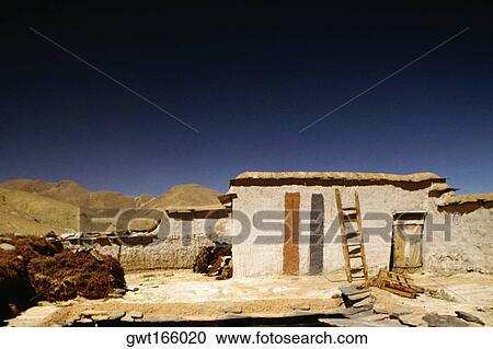 Stock Image - Facade of a house, Ngor, Tibet, China. Fotosearch