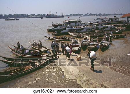 High angle view of rowboats moored in a river, Irrawaddy River, Yangon, Myanmar View Large Photo Image Stock Photo - High angle view of rowboats moored in a river, Irrawaddy River, Yangon, Myanmar. Fotosearch