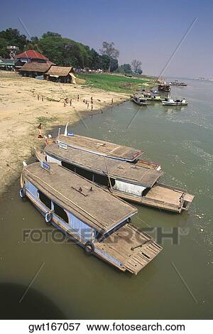 High angle view of tourboats moored at the riverbank, Mingun, Sagaing Divison, Myanmar View Large Photo Image Stock Photo - High angle view of tourboats moored at the riverbank, Mingun, Sagaing Divison, Myanmar. Fotosearch