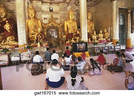 Stock Photography - Rear view of pilgrims praying in a pagoda, Shwedagon Pagoda, Yangon, Myanmar. Fotosearch