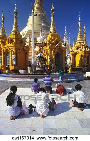 Rear view of pilgrims praying in front of a pagoda, Shwedagon Pagoda, Yangon, Myanmar View Large Photo Image Picture - Rear view of pilgrims praying in front of a pagoda, Shwedagon Pagoda, Yangon, Myanmar. Fotosearch