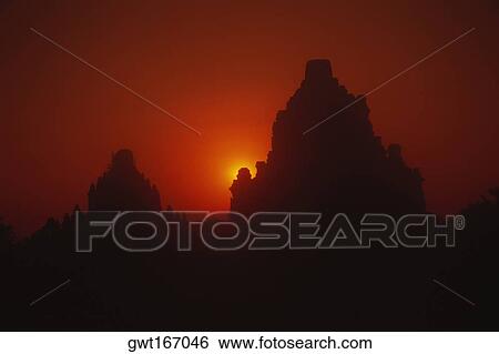 Stock Photograph - Silhouette of pagodas, Bagan, Myanmar. Fotosearch