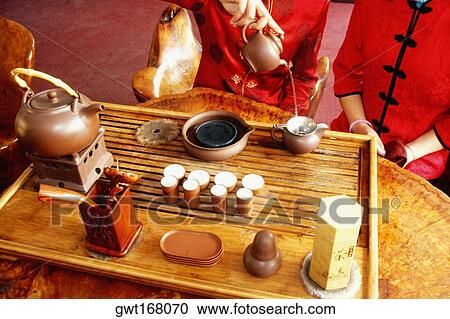 Stock Image - Mid section view of a woman pouring tea into a tea kettle, Tongli, Jiangsu Province, China. Fotosearch