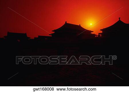 Silhouette of buildings at sunset, Forbidden City, Beijing, China View Large Photo Image Stock Photo - Silhouette of buildings at sunset, Forbidden City, Beijing, China. Fotosearch