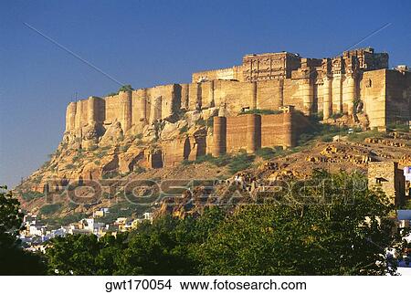 Picture - Low angle view of a fort, Meherangarh Fort, Jodhpur, Rajasthan, India. Fotosearch