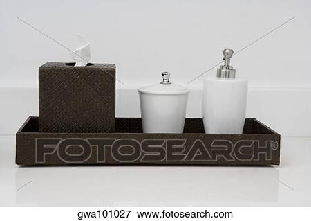 Close-up of toiletries in the bathroom View Large Photo Image Stock Photo - Close-up of toiletries in the bathroom. Fotosearch