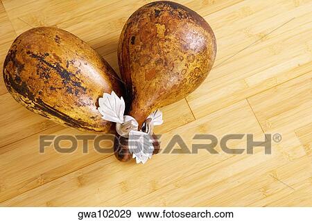Stock Photo - High angle view of two dried gourds on a wooden floor. Fotosearch