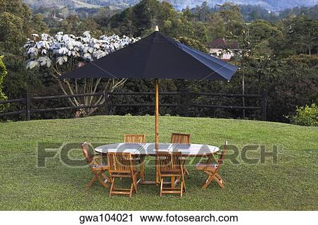 Table and chairs under a patio umbrella in a lawn View Large Photo Image Stock Image - Table and chairs under a patio umbrella in a lawn. Fotosearch