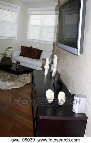 Television set in a living room View Large Photo Image Stock Photo - Television set in a living room. Fotosearch