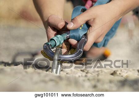 Close-up of a rock climber concording a carabiner with a hook View Large Photo Image Stock Image - Close-up of a rock climber concording a carabiner with a hook. Fotosearch