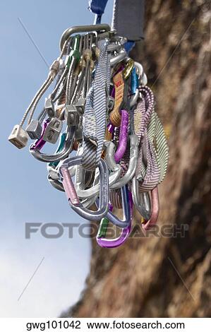 Stock Image - Close-up of climbing equipments. Fotosearch