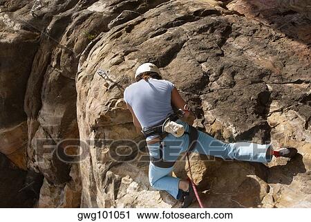 Rear view of a female rock climber climbing a rock face View Large Photo Image Stock Image - Rear view of a female rock climber climbing a rock face. Fotosearch