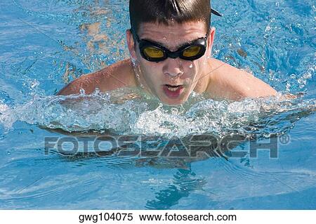 Close-up of a young man swimming in a swimming pool View Large Photo Image Stock Photography - Close-up of a young man swimming in a swimming pool. Fotosearch