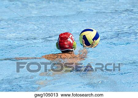 Rear view of a man playing water polo in a swimming pool View Large Photo Image Stock Image - Rear view of a man playing water polo in a swimming pool. Fotosearch