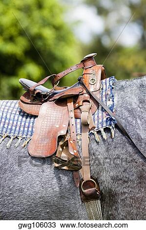Stock Image - Close-up of a saddle on a horse. Fotosearch